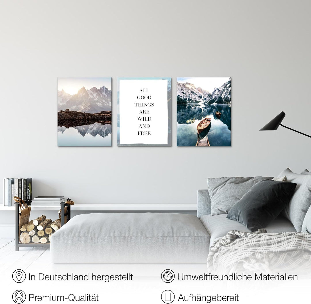 Novart Bilder Set Berge und See - Kein Extra Rahmen benötigt - Wandbilder für Wohnzimmer Schlafzimme