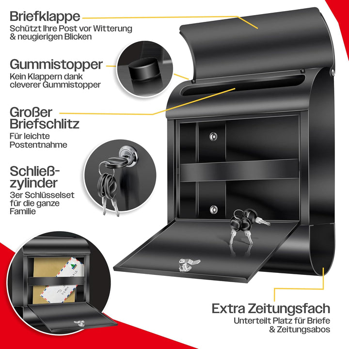 KESSER® XXL Briefkasten Edelstahl mit Zeitungsfach, gebürstet, 3X Schlüssel abschliessbar, Pulverbes