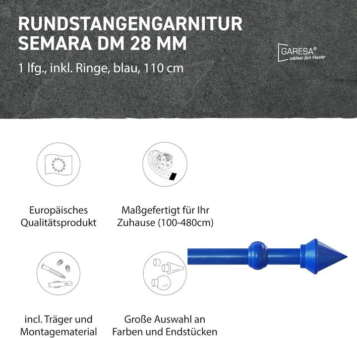 Garesa Gardinenstange Semara Ø 28mm, 1-läufig, Blau I Stabile Vorhangstange inkl. Ringe + Faltenlege