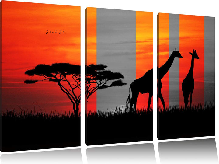 Afrika Giraffen im Sonnenuntergang schwarz/weiss 3-Teiler Leinwandbild 120x80 Bild auf Leinwand, XXL