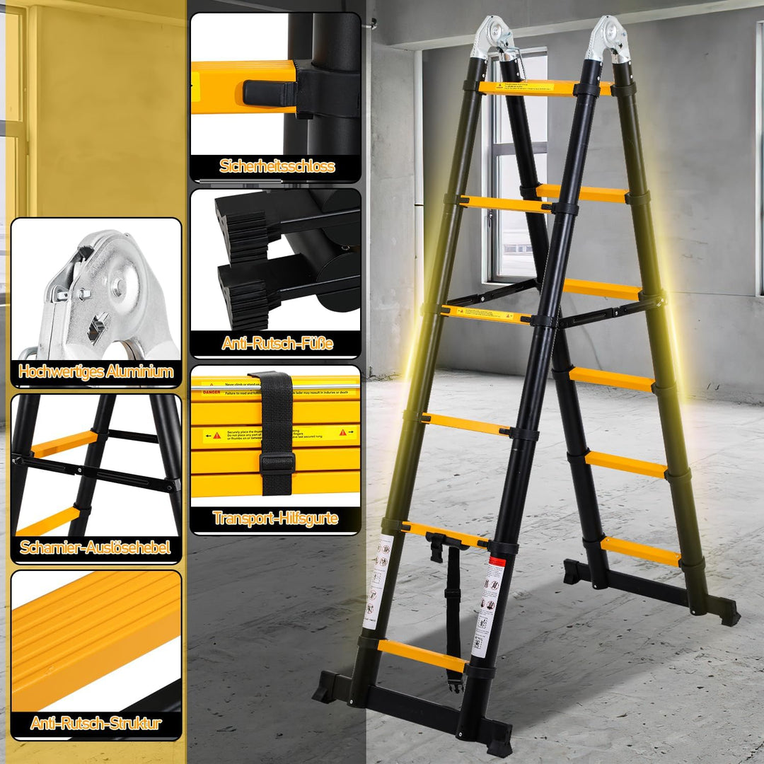 Teleskopleiter 2,5M+2,5M Aluminium Trittleiter 8+8 Stufen Stehleiter Klappleiter, 150 kg Belastbarke
