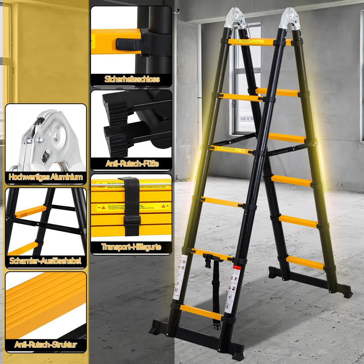 Teleskopleiter 2,5M+2,5M Aluminium Trittleiter 8+8 Stufen Stehleiter Klappleiter, 150 kg Belastbarke