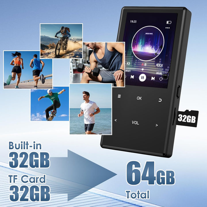 MP3-Player Bluetooth 5.0, 2,4 Zoll tragbarer MP3-Player 64 GB – HiFi-Audio-Player mit FM-Radio, Reco