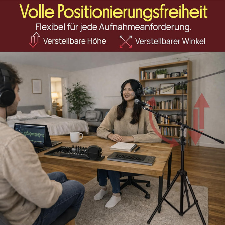 Pyle Mikrofonständer mit Galgenarm – Schweres Mikrofonstativ höhenverstellbar 130–200cm, stabil, 5/8