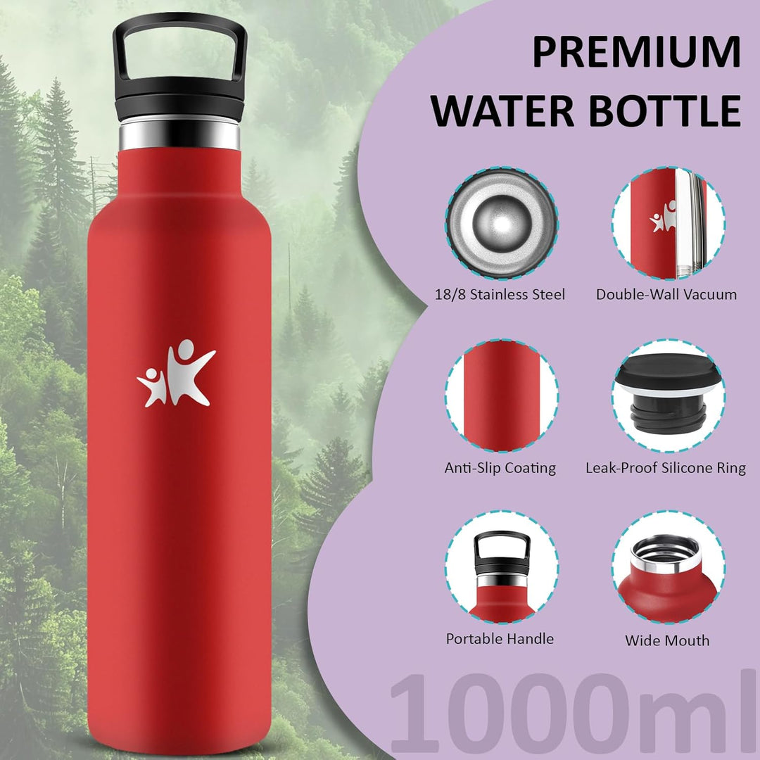 Trinkflasche Edelstahl, Sport Trinkflasche 1 liter, BPA-Freie, Thermosflasche, Doppelwandige Vakuumi