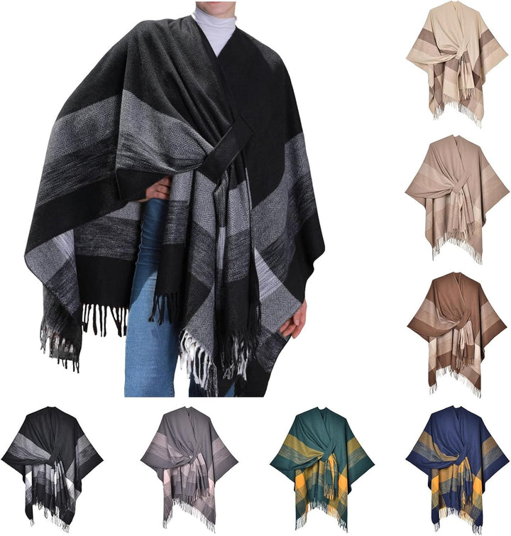 Wahuan Eleganter Bequemer Damen Poncho Pullover mit Chevronstreifen und Fransen Poncho Cape Retro Ca