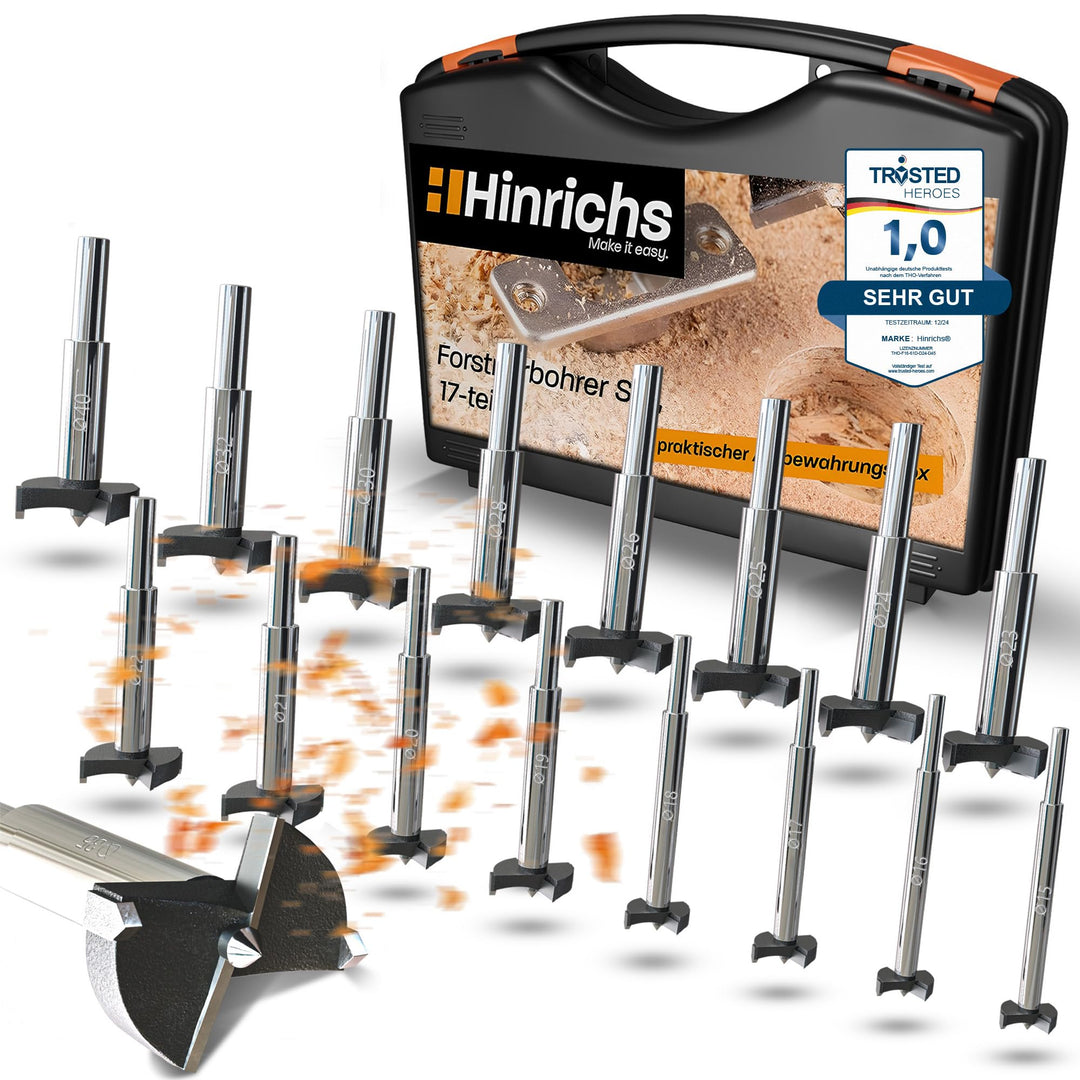 Hinrichs Forstnerbohrer Set 17 teilig im Koffer - Forsterbohrerset 15 bis 40 mm - Holzbohrer - Forst