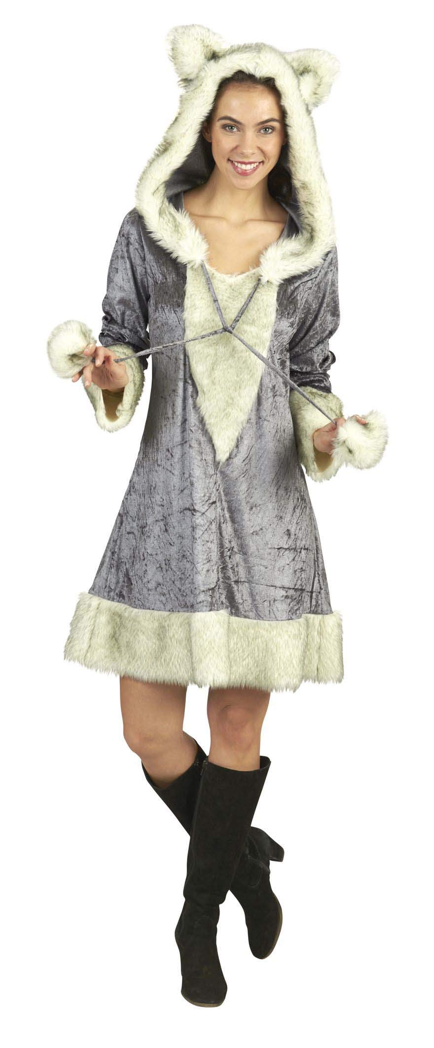 Andrea Moden - Kostüm Silberfuchs, Kleid mit Kapuze, mit Plüsch-Besätzen, Fuchs, Tier, Mottoparty, K