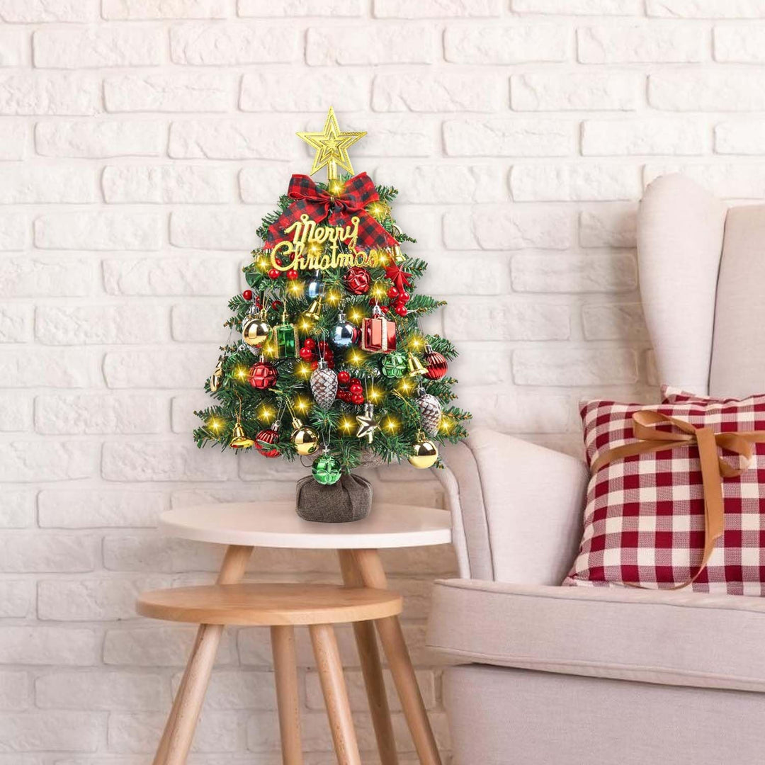 SVNVIOZ Mini 50 cm Weihnachtsbaum mit Dekoration, Rot Gold Weihnachtskugeln, Stern Baumspitze und we