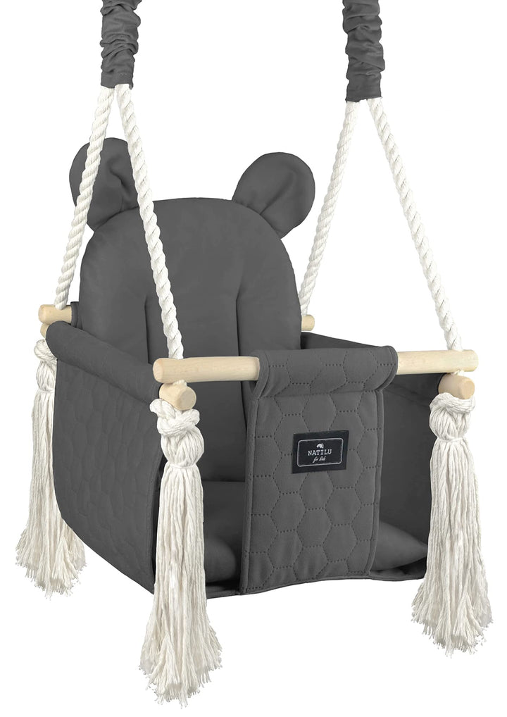 NATILU® Babyschaukel Set Indoor Outdoor | Bär Quilted Graphite | Schaukel | Kinderschaukel | Kinderg