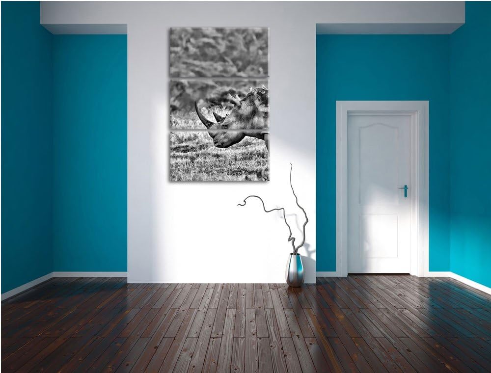 Pixxprint grosses Nashorn in der Savanne als Leinwandbild/Grösse: 3 Teilig (120x80) cm/Wandbild/Kuns