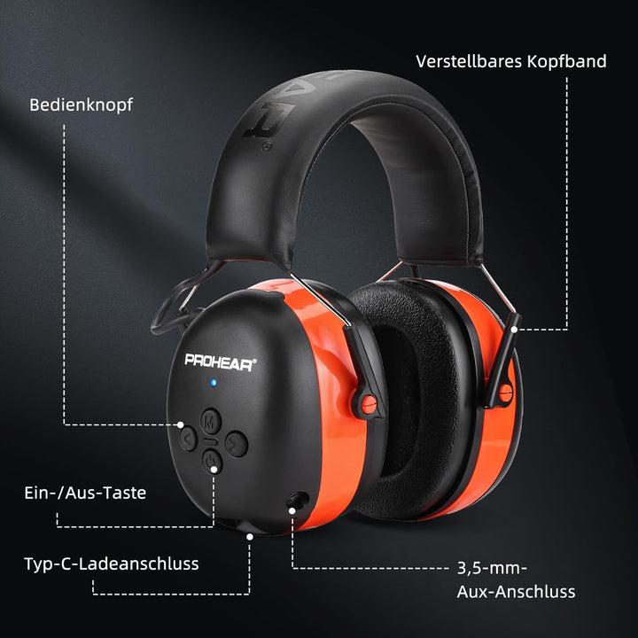 PROHEAR 037 Gehörschutz mit Bluetooth, BT 5.0-Technologie Kopfhörer mit Eingebautem Mikrofon und Lär