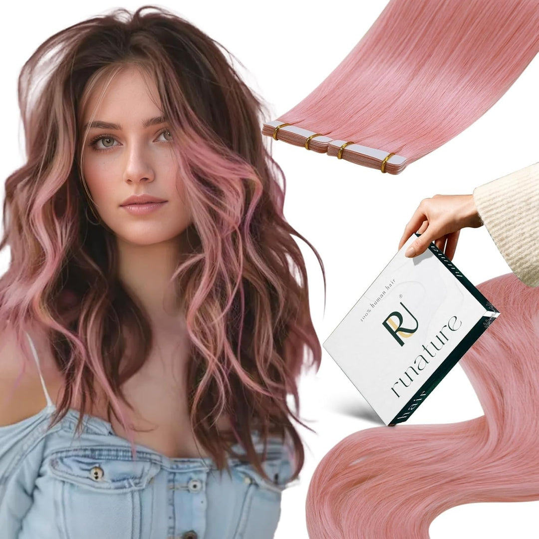 RUNAUTRE Echthaar Tape Extensions Rosa Echthaar Klebeband Haar Tape in Extensions Echthaar Remy Rosa
