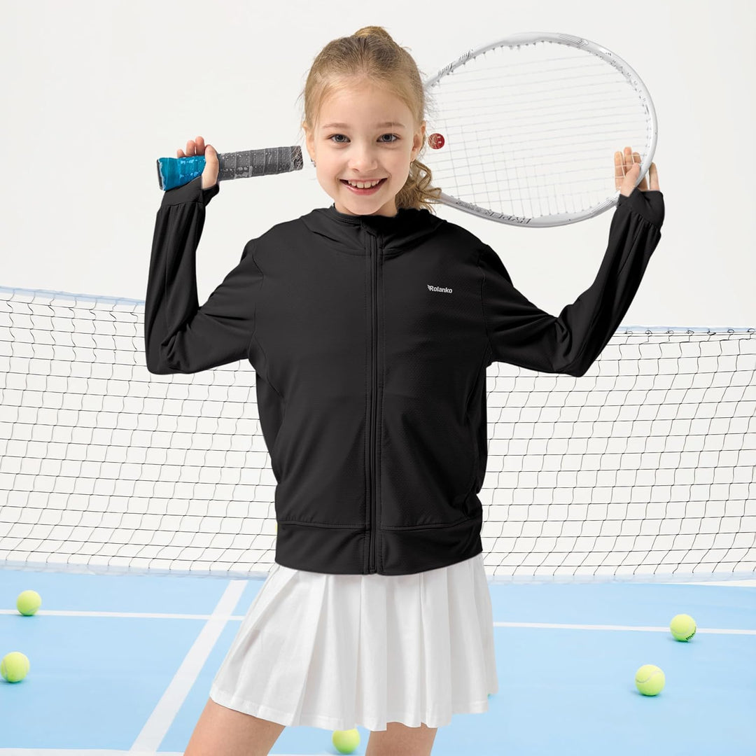 Rolanko Mädchen Sommerjacke mit Daumenlöchern Langarm Sonnenschutz Schnell Trocknend Reissverschluss