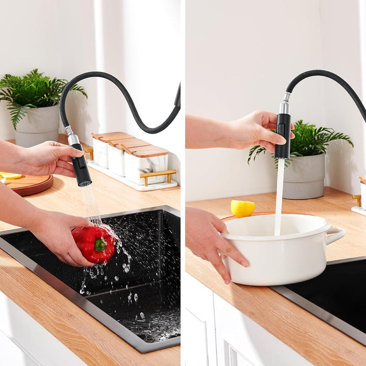 Lonheo Schwarze Edelstahl Küchenarmatur mit Dual-Spülbrause, 360° drehbar Wasserhahn Küche ausziehba