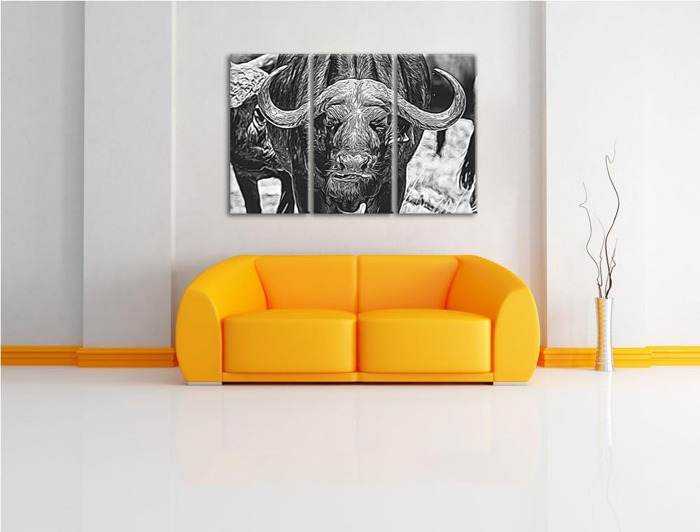 Wasserbüffel Schwarz/weiss Spezial 3-Teiler Leinwandbild 120x80 Bild auf Leinwand, XXL riesige Bilde