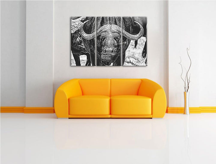 Wasserbüffel Schwarz/weiss Spezial 3-Teiler Leinwandbild 120x80 Bild auf Leinwand, XXL riesige Bilde