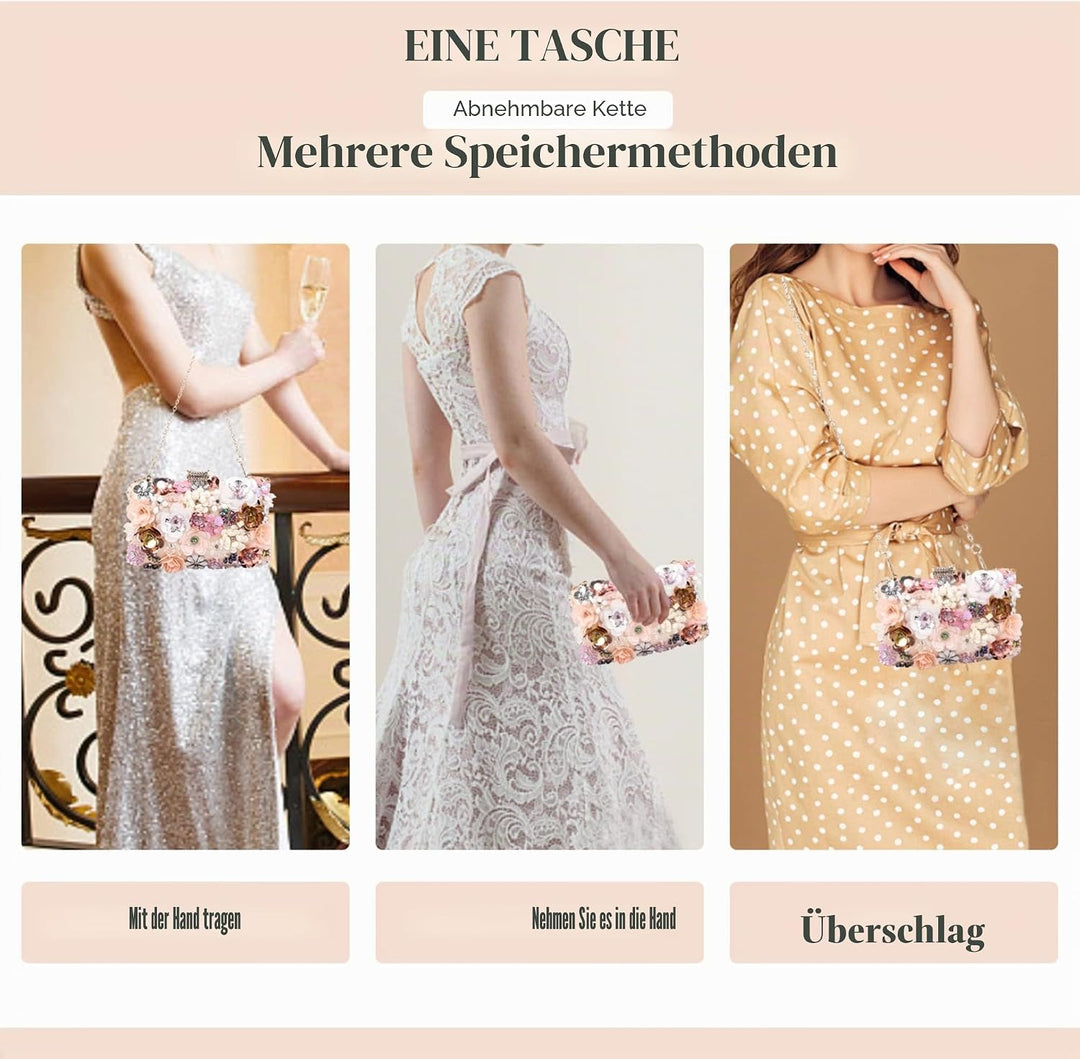 Fecialy Blumen-Clutch-Abendtaschen für Damen mit bunten Blumen-Metall-Strasssteinen Abend-Clutch-Gel