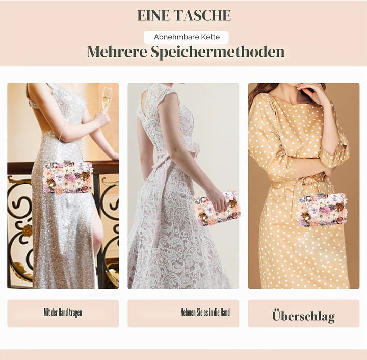 Fecialy Blumen-Clutch-Abendtaschen für Damen mit bunten Blumen-Metall-Strasssteinen Abend-Clutch-Gel