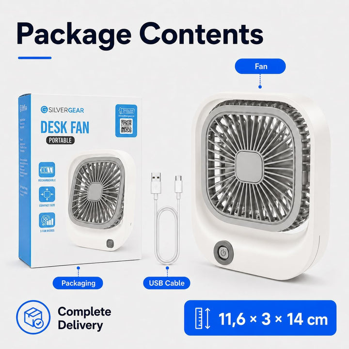 Silvergear® Tragbarer Tischventilator | USB-C Aufladung | 3 Geschwindigkeiten | 600 mAh Akku | Für B