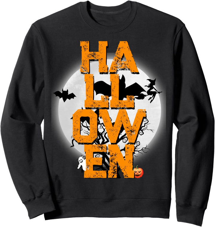Halloween moon flying witch ghost pumpkin spooky tree bats Sweatshirt