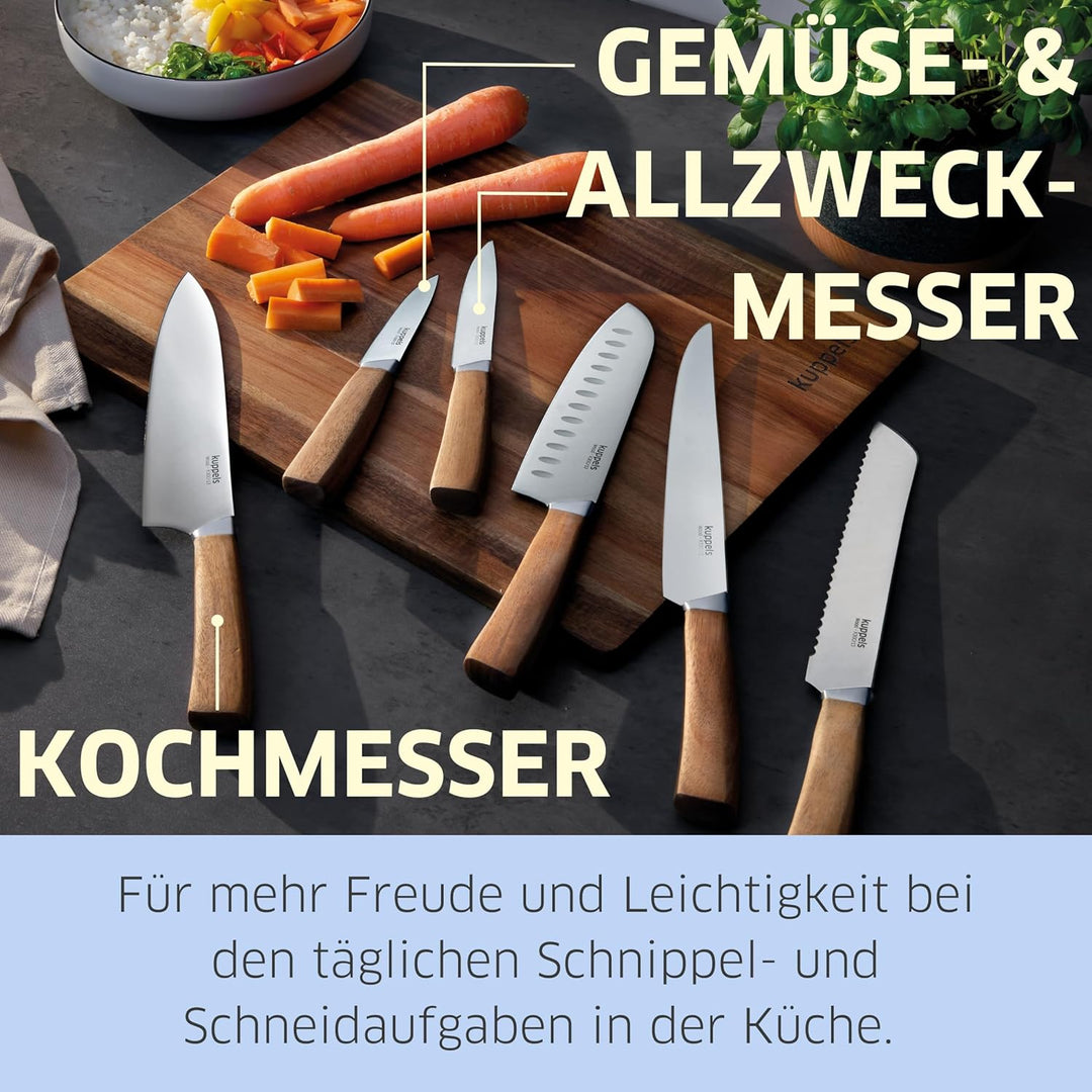 Kuppels | Messerset WOOD | 3-teilig | scharfe Messer mit Akazienholzgriff | Klinge aus gehärtetem Ed