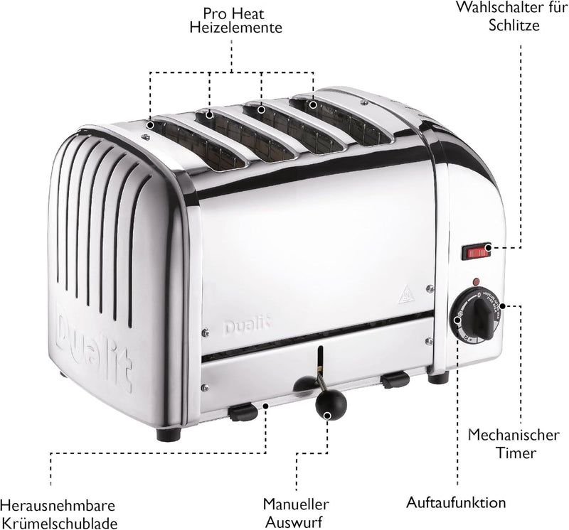 Dualit Classic Vario Toaster 4 Scheiben - Toaster Edelstahl Handgefertigt in GBR - Unique ProHeat® E