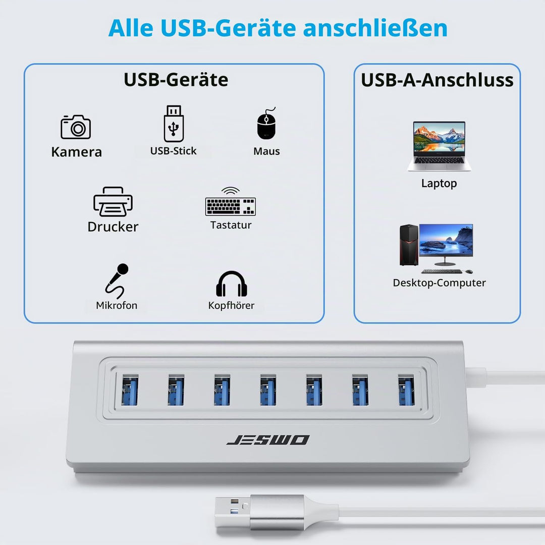 USB Hub 3.0 7-Port, Aluminium USB Verteiler Adapter mit Mehrfach USB 3.0 5Gbit/s, 100cm Langkabel un