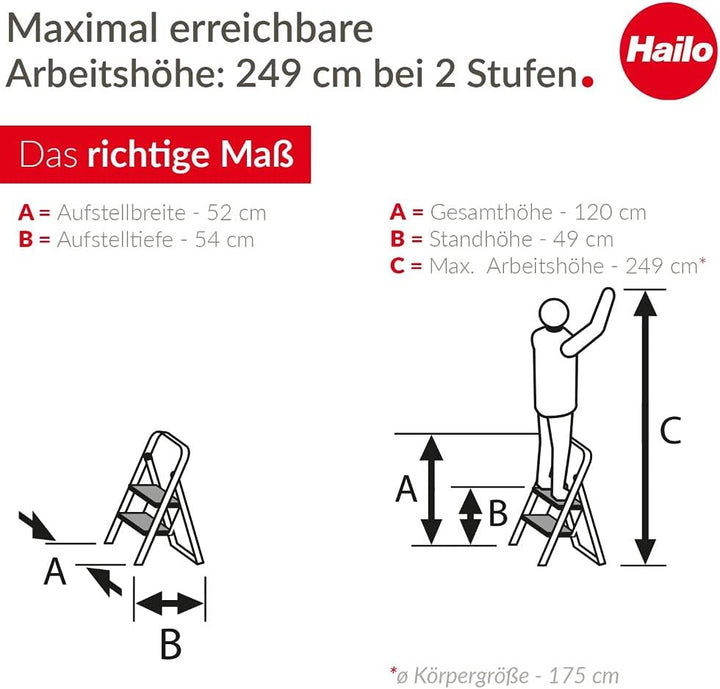 Hailo LivingStep Comfort Plus, Alu-Klapptritt, 2 Stufen, hoher Sicherheitshaltebügel, Füsse mit Soft