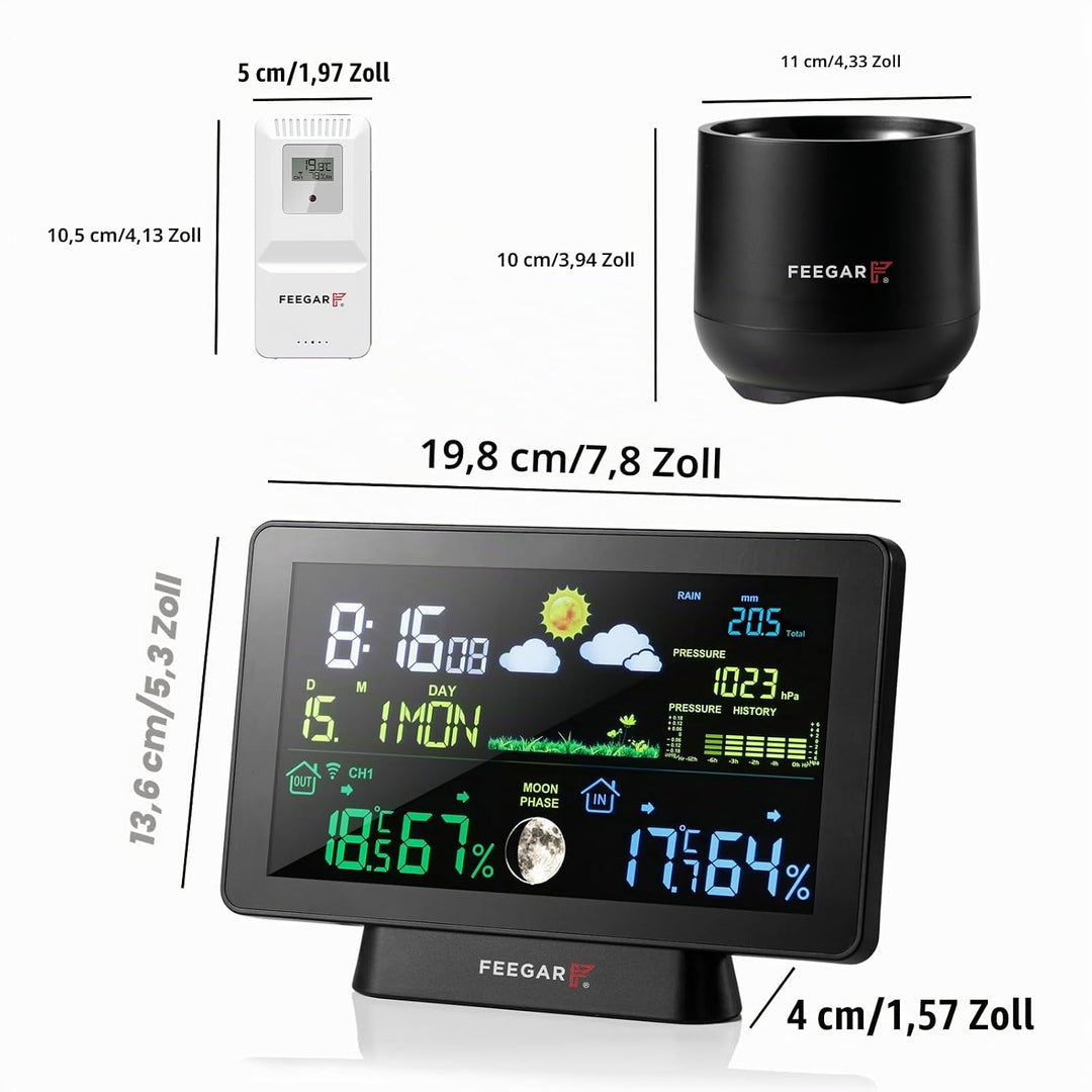 Wireless Weather Station with Digital Rain Gauge, Feegar Forecaster LCD 7,5" Indoor Outdoor Temperat