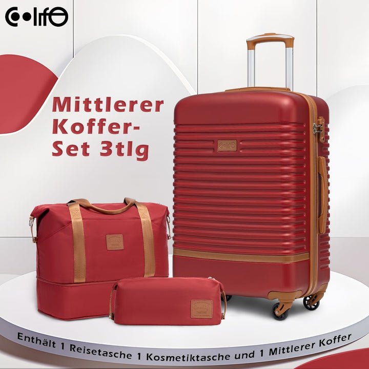 COOLIFE Koffer Set 3tlg, 24" Koffer Mittelgross mit Reisetasche&amp;Kulturbeutel | Reisekoffer Set für M