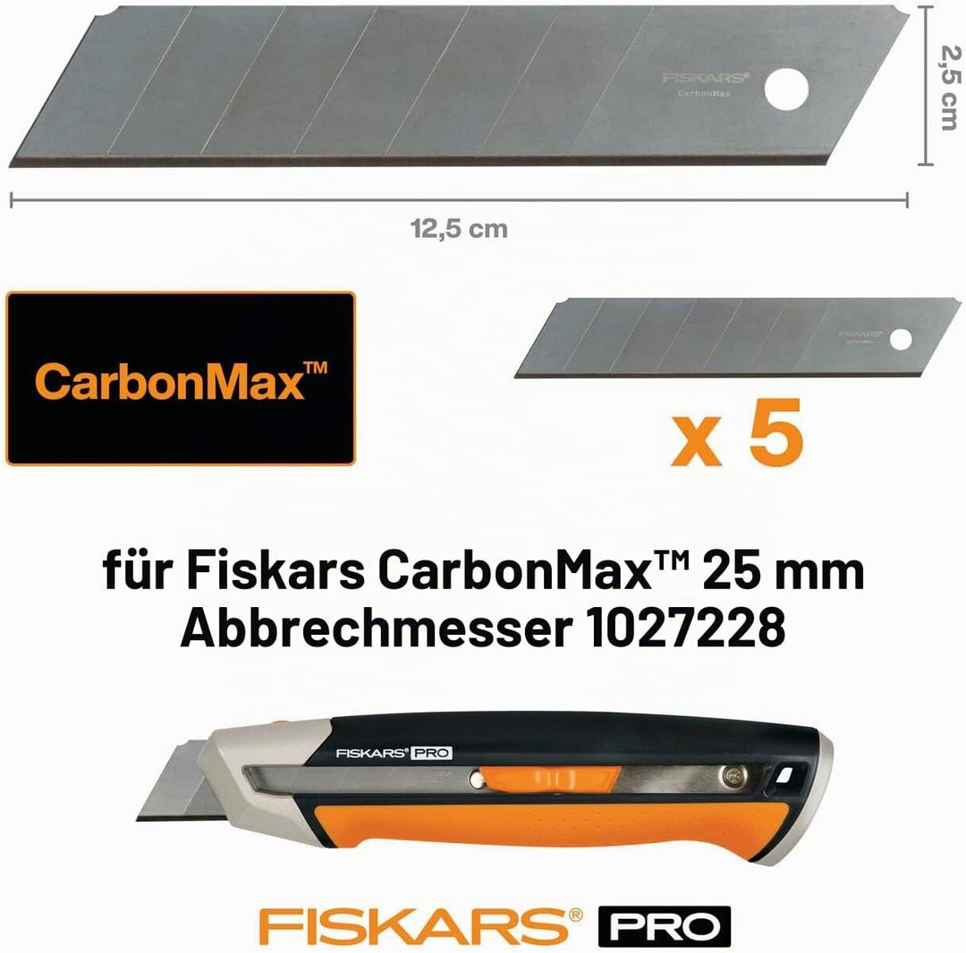 Fiskars Abbrechklingen, Für Fiskars Cuttermesser, 25mm, Rostfreier Stahl, 5er Pack, CarbonMax, 10272