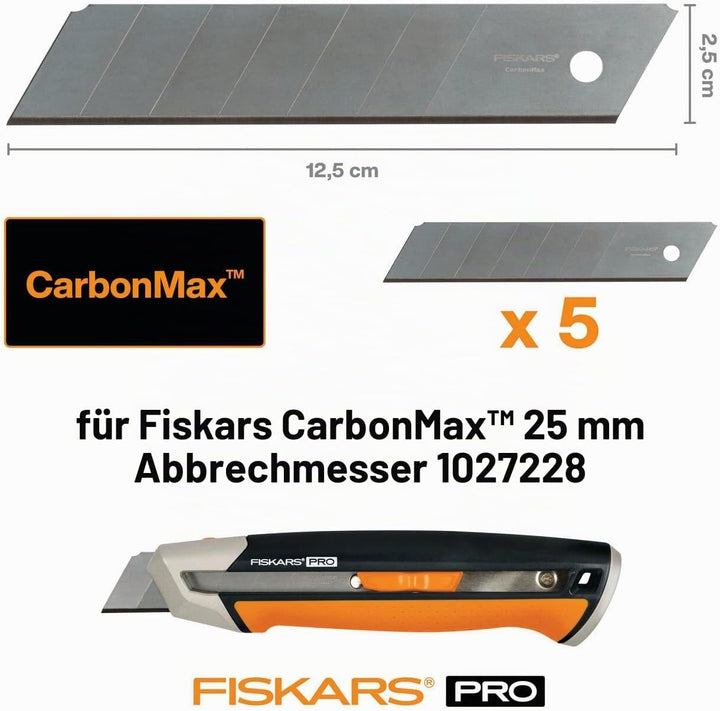 Fiskars Abbrechklingen, Für Fiskars Cuttermesser, 25mm, Rostfreier Stahl, 5er Pack, CarbonMax, 10272