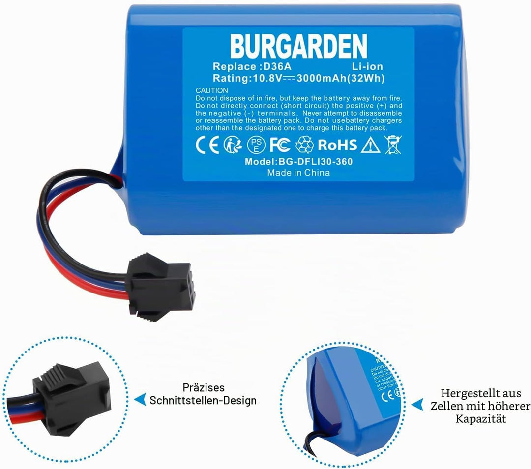 BURGARDEN 10.8V 3000mAh Li-ion Ersatzakku für Ecovacs D36A D36B D36C D36E DA60 DA611 DB35 Deebot Sli