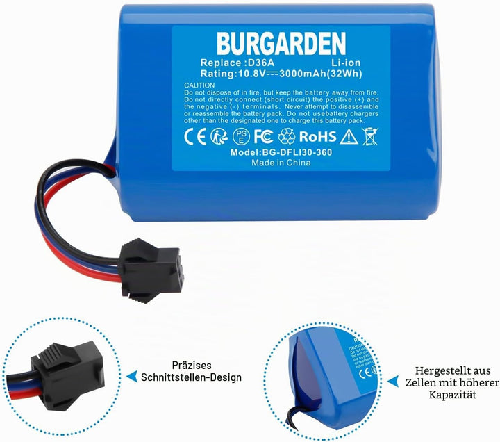 BURGARDEN 10.8V 3000mAh Li-ion Ersatzakku für Ecovacs D36A D36B D36C D36E DA60 DA611 DB35 Deebot Sli