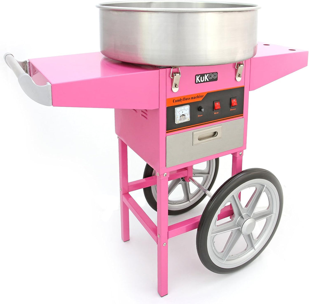 KuKoo Rosa Zuckerwattemaschine Zuckerwattegerät Zuckerwatte mit Wagen, Schubfach und 500 Holzstäbche