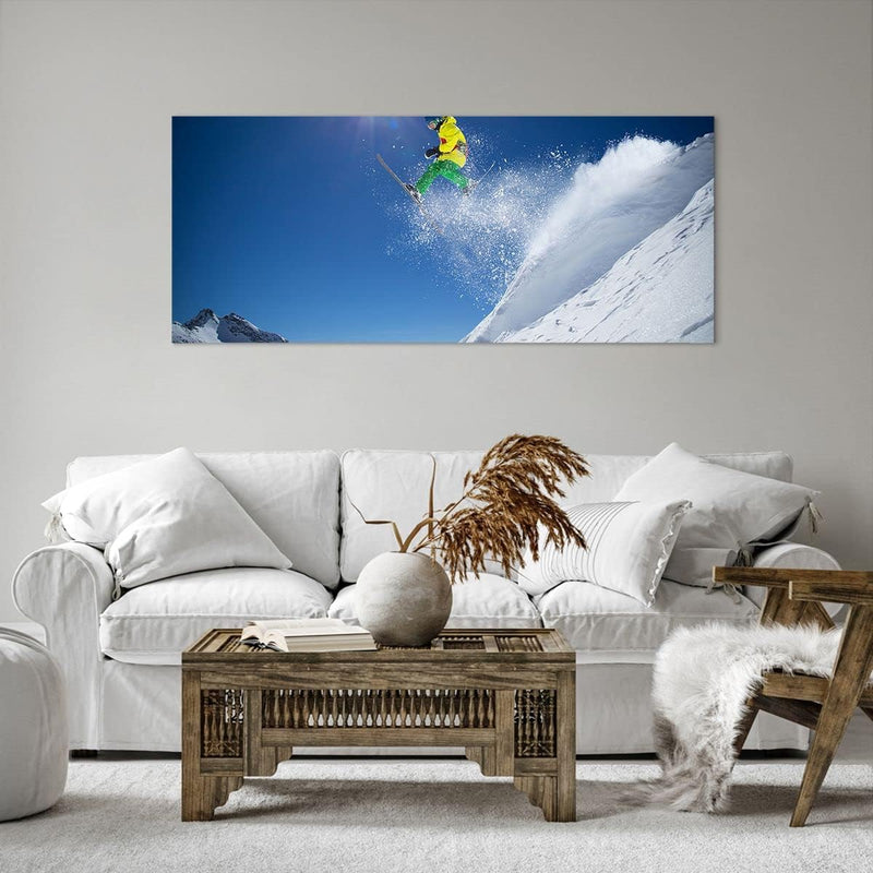 Wandbilder Dekoration Wohnzimmer Ski Winter Schnee Berg Panorama Bilder auf Leinwand 120x50cm Leinwa