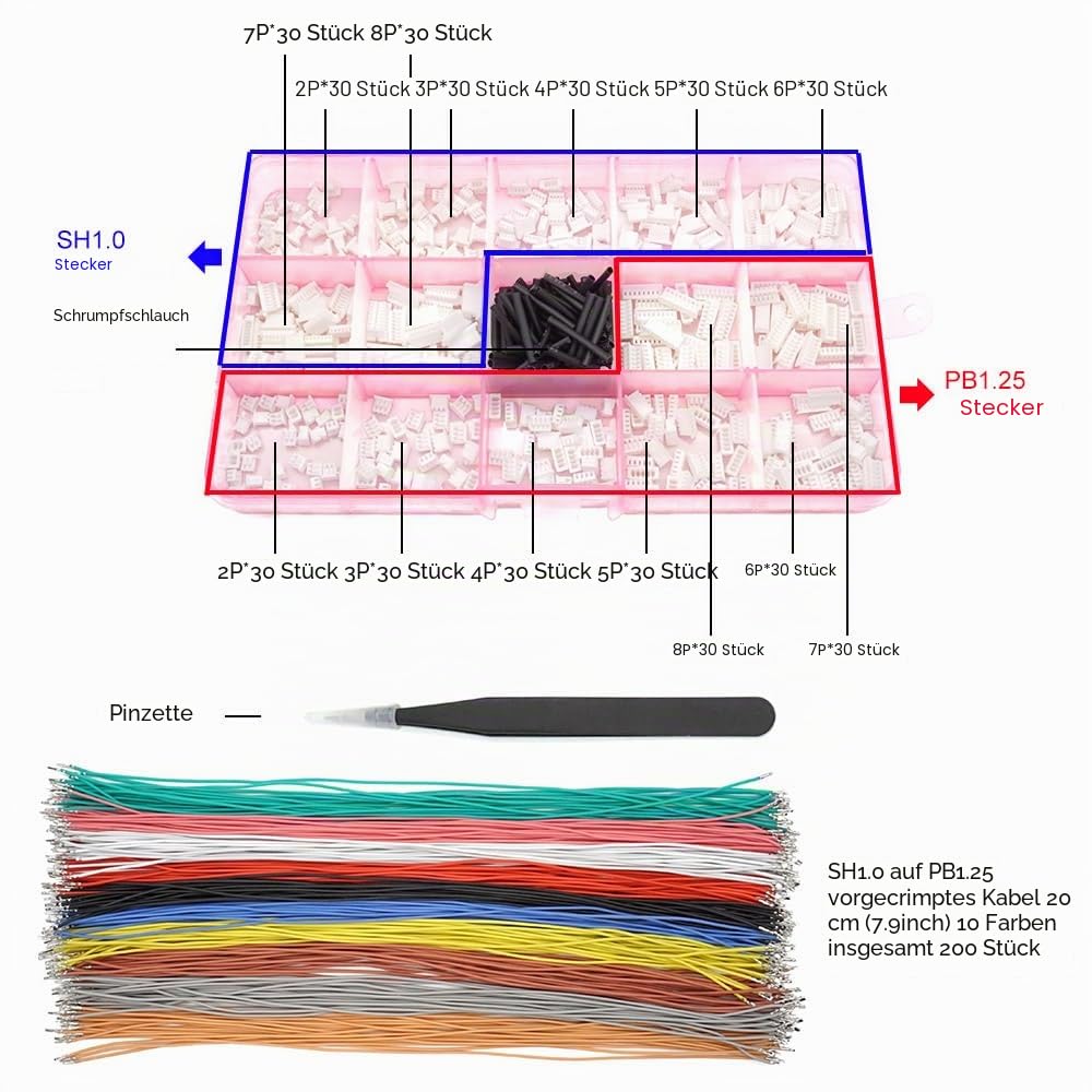 SH1.0 auf PB1.25 vorgecrimptes Kabel und Stecker-Set, kompatibel mit JST SH 1,0 mm Molex PicoBlade 1