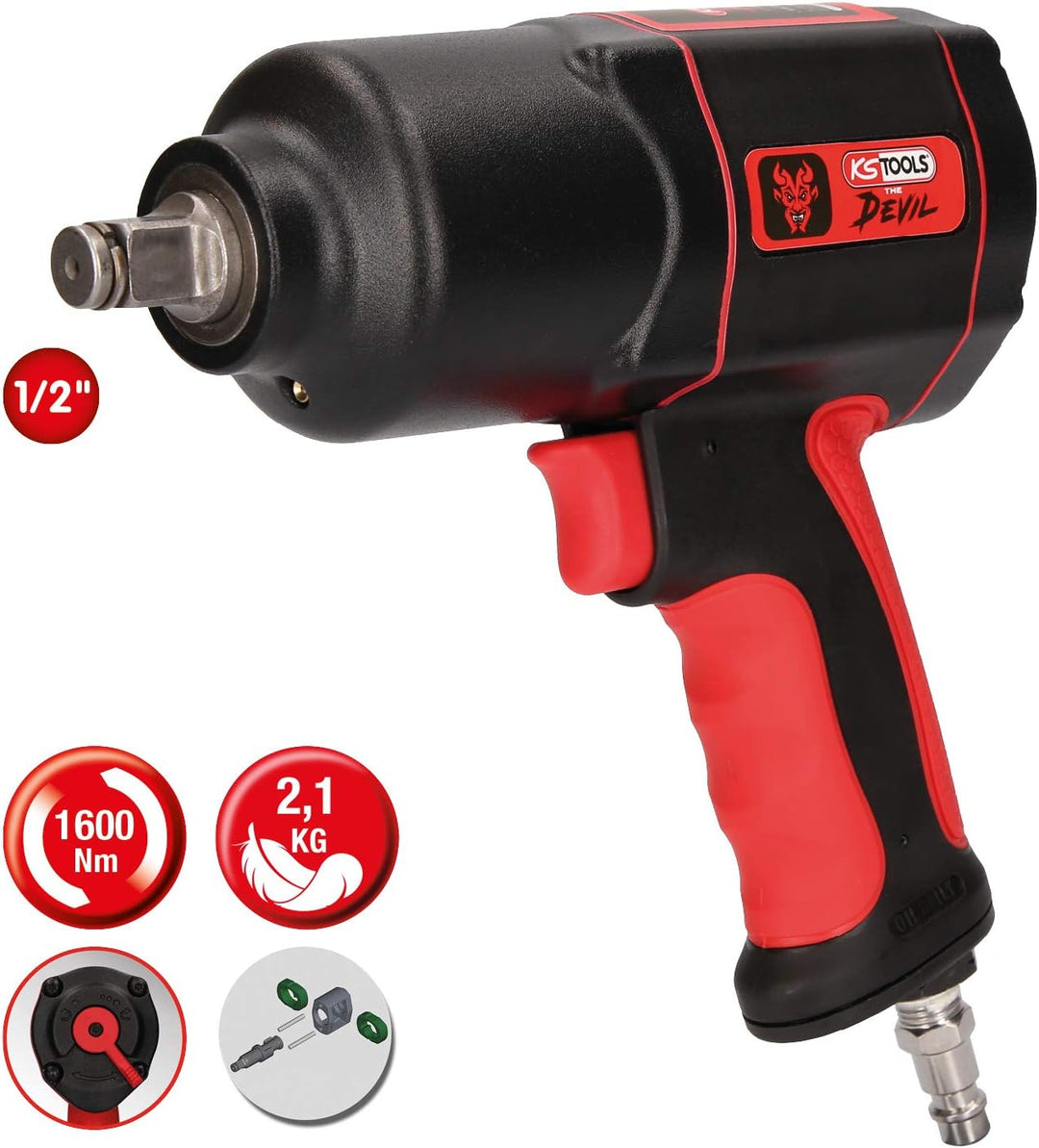 KS Tools 515.1200 THE DEVIL Hochleistungs-Druckluft-Schlagschrauber, Schwaz/Rot, 1/2 Zoll, max. Löse