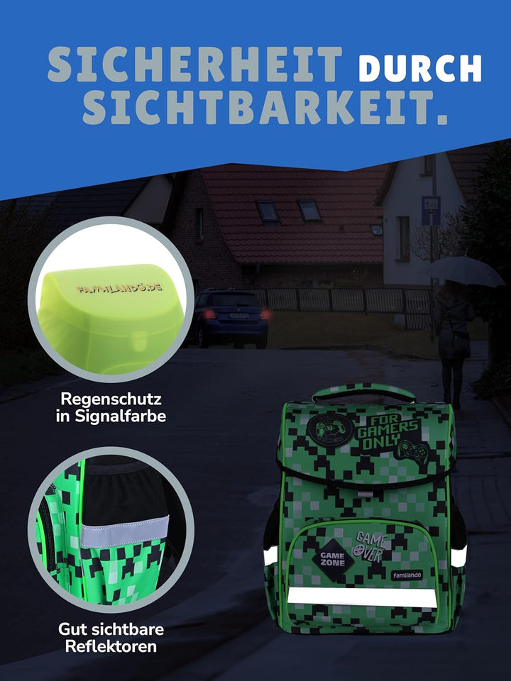 Familando Jungen Schulranzen 1. Klasse · Playworld Gaming Pixel Schultasche · ergonomisch & leicht ·