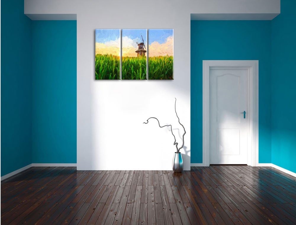 Pixxprint Windmühle auf dem Feld als Leinwandbild/Grösse: 3 Teilig (120x80) cm/Wandbild/Kunstdruck/f
