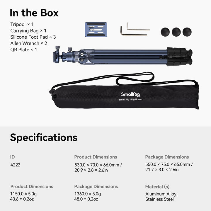 SMALLRIG Lightweight Travel Tripod, Kamerastativ mit kompakter, unkonventioneller Mittelsäule, 360°-