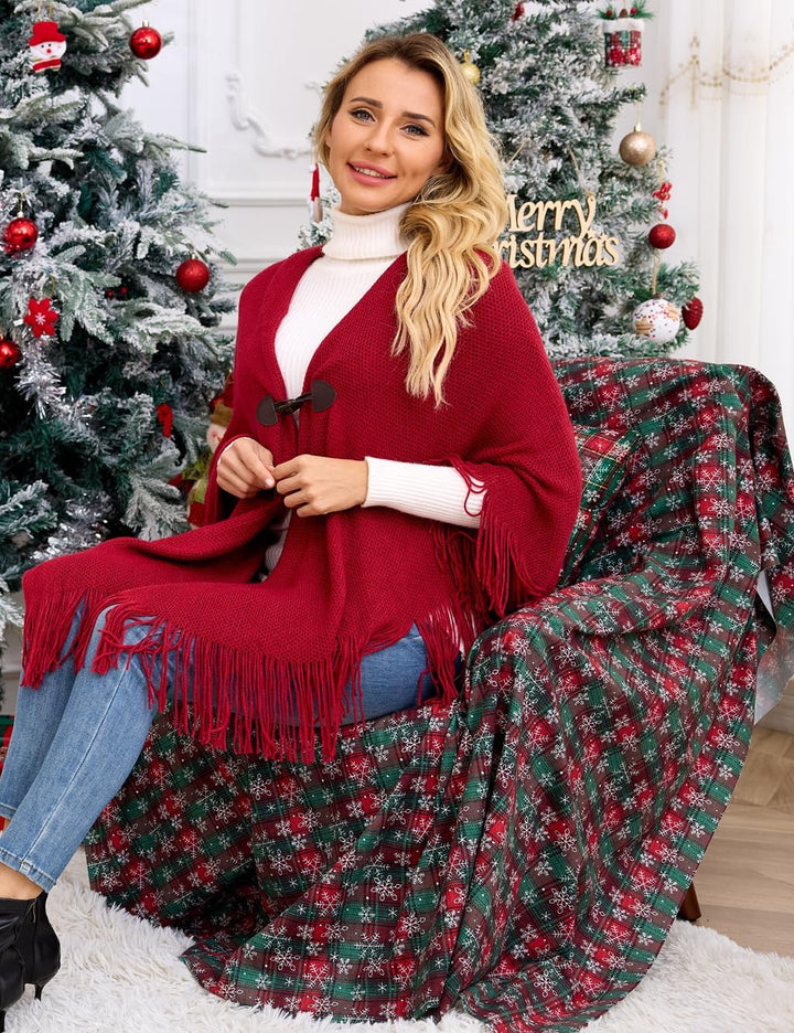 Ferand Damen Poncho Locker sitzender Cape Schal mit offener Vorderseite für Herbst und Winter Rot, R