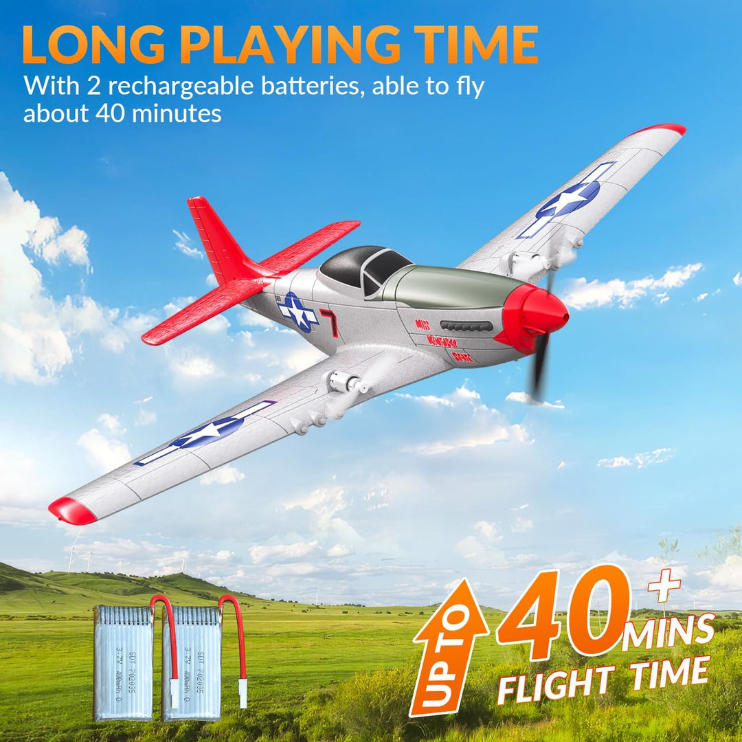 volantexrc RC Flugzeug P51D Mustang, 2CH 2,4GHz ferngesteuertes Flugzeug mit 2 Batterien und 6-Achse