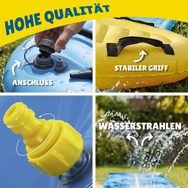 Wasserrutschmatte Riesen Packk XXL | 1 Rutschmatte Doppelbahn 10 Meter + 2 Bodyboards für besseres R