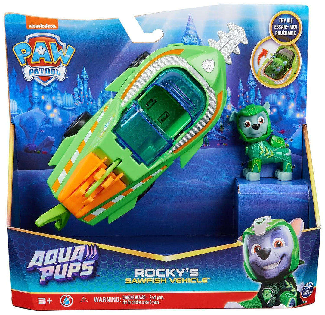 PAW PATROL, Aqua Pups - Basis Fahrzeug Spielzeugauto im Sägefisch-Design mit Rocky Welpenfigur, Spie