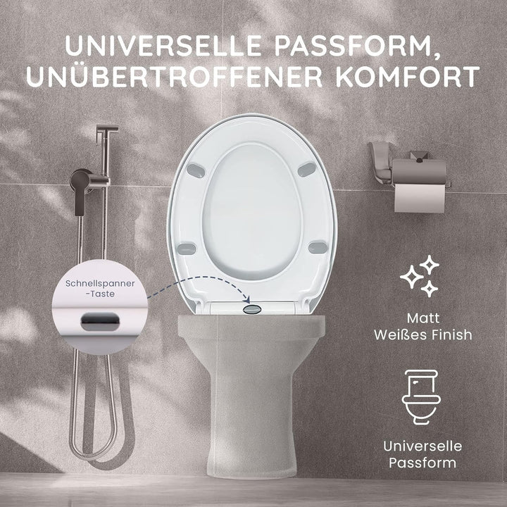CUQOO WC-Sitz mit Absenkautomatik und Schnellverschluss – Ovaler Toilettensitz in Weiss | Verstellba