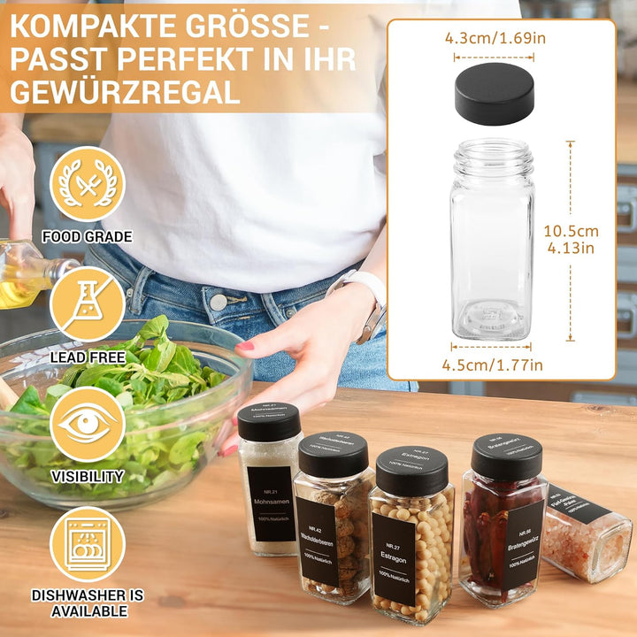 Gewürzgläser Eckig Set 24er - Gewürzdosen Glas 120ml mit Etiketten & Streueinsatz - Gewürzbehälter f