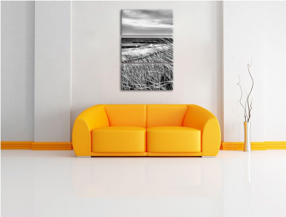 Pixxprint Monocrome, Sanddünen mit Schilfgras am Meer 3-Teiler Leinwandbild 120x80 Bild auf Leinwand