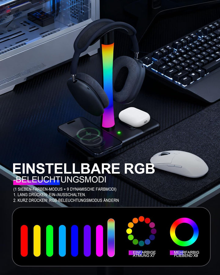 3 in 1 RGB Gaming Kopfhörerständer mit 15W kabellosem Ladegerät Wireless Charging, Headset Halterung